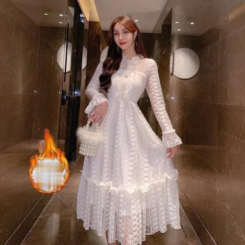 French O-neck Dress Women 2021 Spring Autumn New Elegant Retro Fairy Dress Temperament Waist Mid-calf Lace Dresses Y542