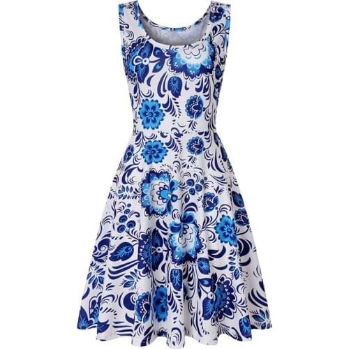 Summer New Women Fashion Knee Length Blue Flower Printed O-neck Sleeveless Dress Slim Tank Lady knitting Dress