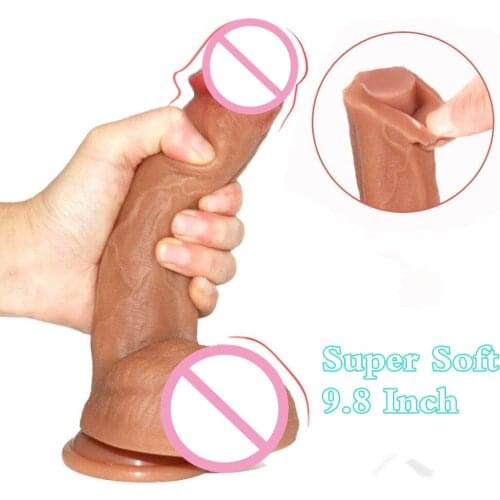 9.8 Inch Dual Silicone Realistic Dildo Soft Bendable Dildo with Suction Cup Curved Shaft and Balls for Vaginal G-Spot Anal Play