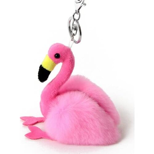 Cute Fur Flamingo Angel Keychain Pompom Fluffy Plush Real Rabbit Fur Keychain Handbag Car Decor Key Ring Key Chains Jewelry