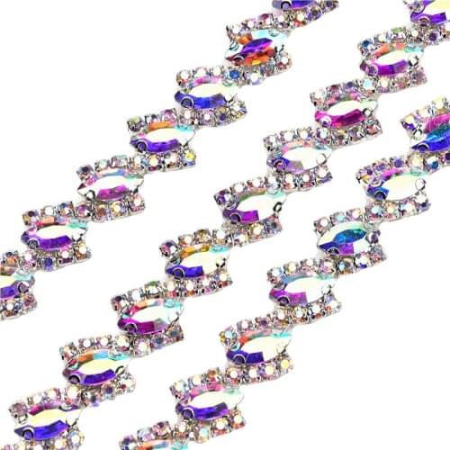 Flower Rhinestone Chain 18Mm Wide Silver Ab Crystal Horse Eye Diamond Hair Dress Decorate Collar Garment Sewing Accessory 1 Yard