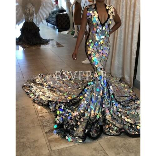 African Black Girl Long Mermaid Prom Dresses 2021 New Arrival Deep V-neck Colorful Sequined Party Prom Gowns