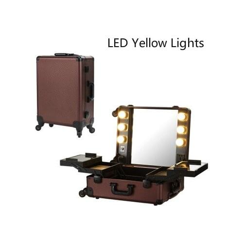 Coffee LED Yellow Light Makeup Artist Train Box Professional 4-Wheels Carry-on Removable Rolling Makeup Case