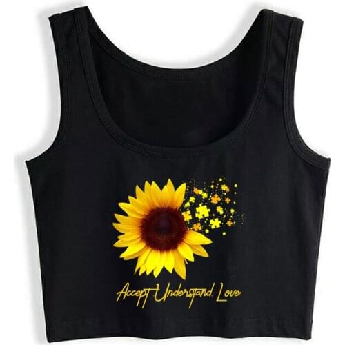 Crop Top Female Cute Autism Sunflower Puzzle Piece Autism Awarenes Summer White Custom Tops Women