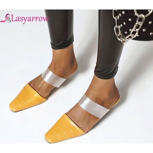 Lasyarrow Fashion Mules Shoes Square Toe Strange Med Heel Pumps Slipper Woman Slides Rhinestones Dating Office Lady Large Size