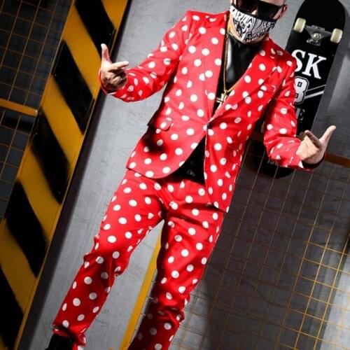 Hot New Mens Suits Bar Male Singer Nightclub Dj Blazer Suit Men Fashion Wave Point Blazers Male Casual Plus Size Set Costumes