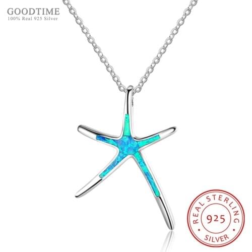 Fashion Necklace Pure 925 Sterling Silver Fine Jewelry Blue Opal Starfish Pendant Necklaces For Women Anniversary Dress Up