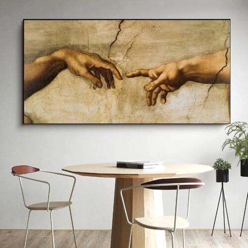 Hand To Hand By Michelangelo Canvas Painting The Creation of Adam Poster and Print Wall Art Pictures for Living Room Wall Decor
