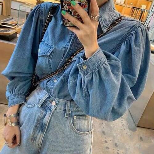 Fall New 2021 Cool Fashion Women Y2k Blue Polo Shirts Ladies Stitching Casual Loose Denim Long-sleeved Indie Shirt Tops Femmal