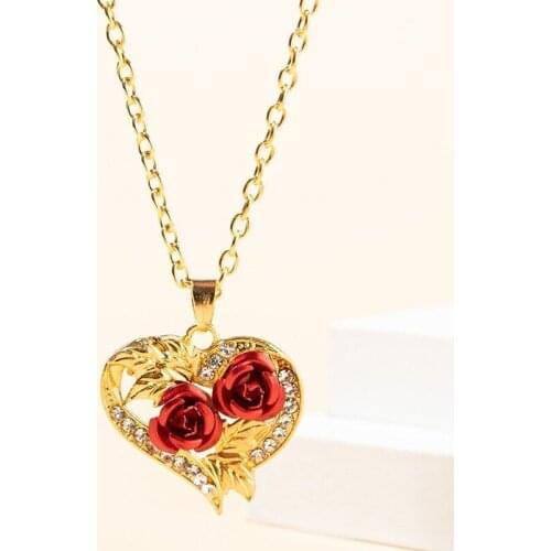 New Love Heart Red Rose Pendant Necklace Women Girl Lady Gold Color Necklace Choker Fashion Jewelry for Valentines Day Gift