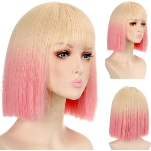 Yellow pink straight short natural daily synthetic wig female white with heat-resistant tassels cosplay female fiber bob wig