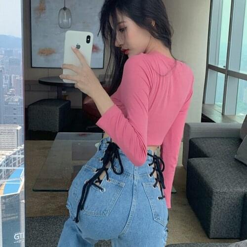Hollow Out Lace-up High Waist Jeans Women Fashion Retro Loose Straight Pants Blue Washed Street Style Trousers