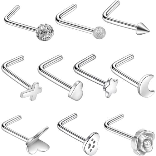 Starose 1Pc 0.8x7mm 20G L Bar Footprint Rose Nose Stud Butterfly Nose Ring Cross Star Nose Piercing Nostril Piercing Ear Jewelry