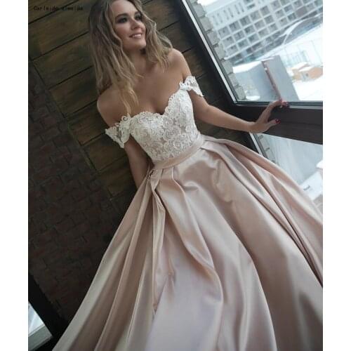 A-Line Off-the-Shoulder Satin Wedding Dress with Unique Lace Appliques Vintage wedding dresses Chapel Train Russian Bride Dress