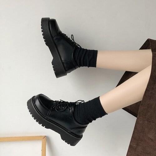 Spring Autumn Women Oxford Shoes Flat on Platform Casual Shoes Black Lace Up Leather Shoes Sewing Round Toe zapatos mujerrt67