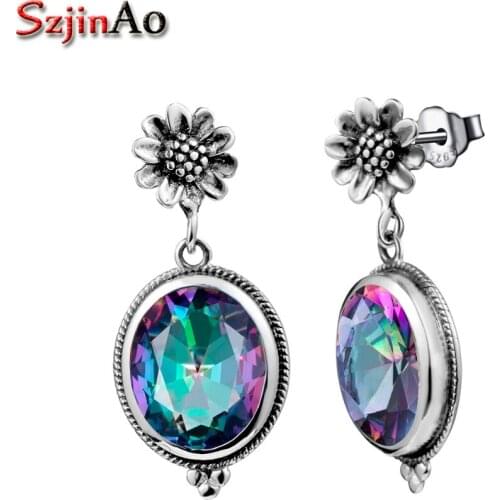 Szjinao Vintage Royal 925 Silver Earrings Oval Mystic Rainbow Topaz Earrings For Bridal Wedding Women Turkish Jewelry Brincos