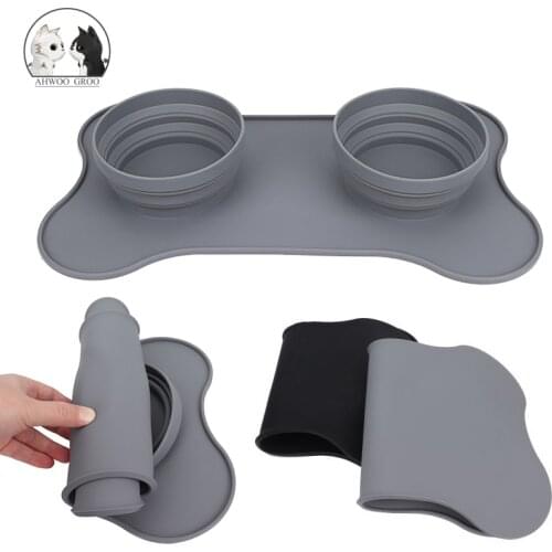 Waterproof Pet Food Mat with Bowl for Dog Cat Travel Portable Foldable Bowl Silicone Pet Food Pad Drinking Mat Easy Washing