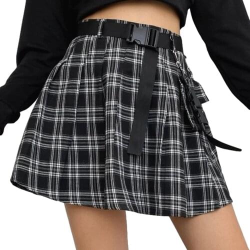 Women High Waist Plaid Mini Skirts Girls Color Block Pleated Checkered Half Skirt with Belt