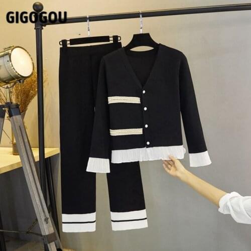 GIGOGOU Lace CHIC Compus Student 2 Pieces Sets Women Tracksuits Single Breasted Women Cardigan Sweater Wide Leg Capri Pant Suit