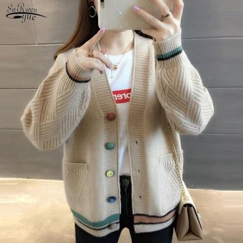 New 2021 Korean Style Vintage V-neck Single Breasted Female Sweater Women Autumn Winter Casual Cardigan Knitted Cardigan 10910