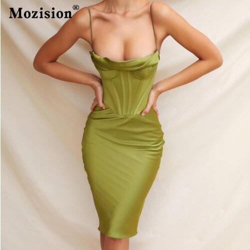 Mozision High Quality Satin Spaghetti Strap Bodycon Dress For Women Summer Sleeveless Backless Double Layer Party Club Dresses