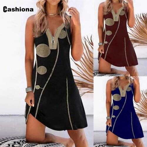 Plus Size 3xl Women Fashion Dot Stripe Print Skirts Dress Sleeveless A-line Dress 2021 Patchwork Zipper Knee-Length Dresses