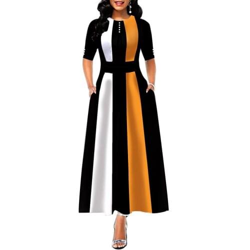 Summer Autumn Dress Women 2020 Vintage Elegant Ball Gown Maxi Dresses Casual Plus Size Slim Striped Patchwork Long Party Dress