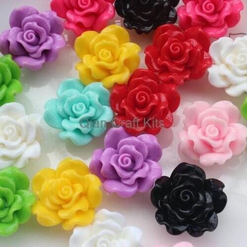 120pcs Mixed Colored Big Resin Rose Flower Beads, Flatback Cabochon, Holed Drilled Through Base 25mm