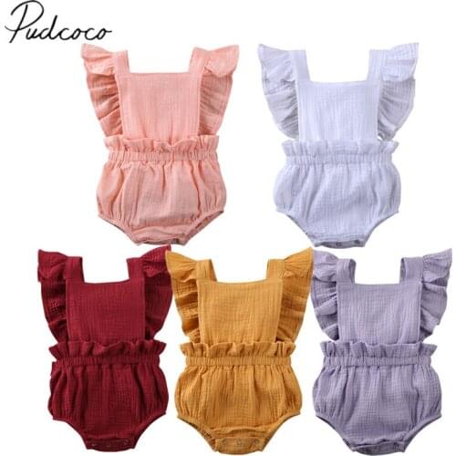2020 Baby Summer Clothing Newborn Baby Girl Ruffle Bodysuit Jumpsuit Sleeveless Solid Cotton Linen Sunsuit Outfits Clothes
