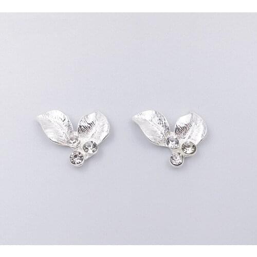 50pcs 19*23mm Metal Alloy Silver color Crystal Rhinestone Leaves Connectors Charm Bridal Hair Accessories Decorative Wholesale