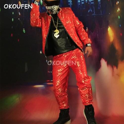 Chinese style Red embroidery gold dragon print baseball uniform nightclub bar hairdresser stage performance clothing