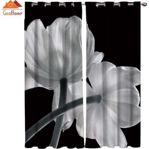 Black And White Tulips Flower Window Curtains Living Room Outdoor Fabric Drapes Curtain Home Decor
