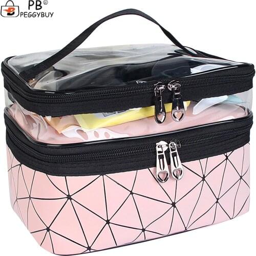 Double Layer Travel Portable Toiletries Bags Waterproof Leather Large Cosmetic Case Women Brushes Shampoo Storage