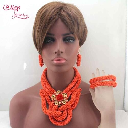 Exclusive New Coral Orange Crystal Bridal Beads Statement Necklace Set Nigerian Wedding Bib Jewelry Set Free Shipping L0068