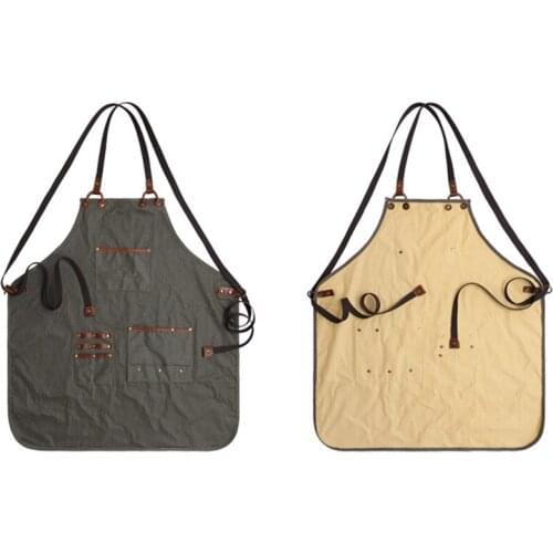 Green Gray Brown Cotton Apron Crossback Strap Barber Florist Gardener Painter Work Wear Barista Bartender Waitstaff Uniform D48