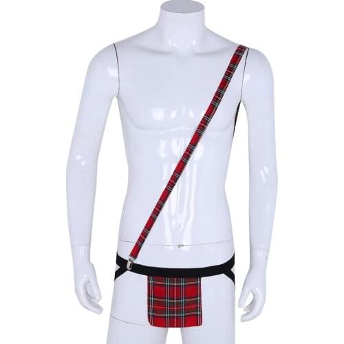 Men Sexy Lingerie Open Butt Bulge Pouch Plaid Panties Erotic Underwear Nightclub Jockstrap G-string with Suspender Gerter Belt