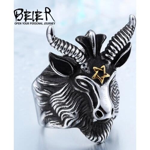 Beier 316L Stainless Steel Vintage Big Goat Head Ring nose viking Animal Jewelry for man free shipping LR182