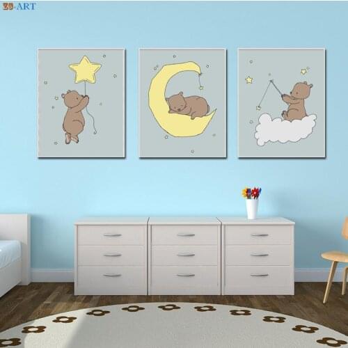 Bear Moon and Stars Art Canvas Print Poster Kids Wall Art Baby Boy Room Bedroom Decoration Pictures Woodland Nursery Decor