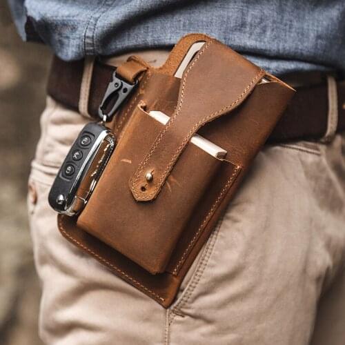Genuine Leather Waist Bag for Men Male Vintage Portable EDC Tactical Mobile Phone Cover Cigarette Case Holder Belt Bags Wallet