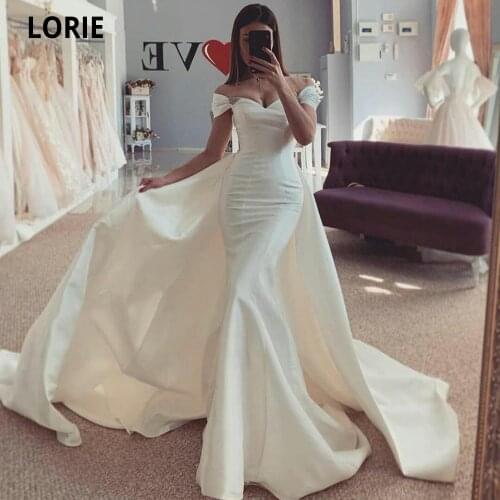 LORIE Simple off shoulder Satin Mermaid Wedding Dresses with Detachable Train South African Cheap Beaded Princess Wedding Gown