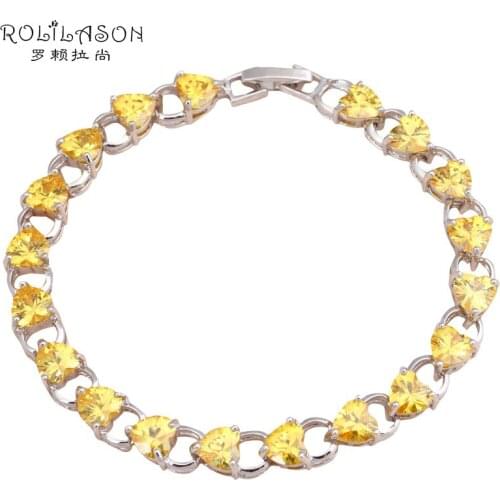 ROLILASON easy chic design Heart shape yellow crystal zircon Charm silver chain Bracelets for women fashion jewelry TBS760