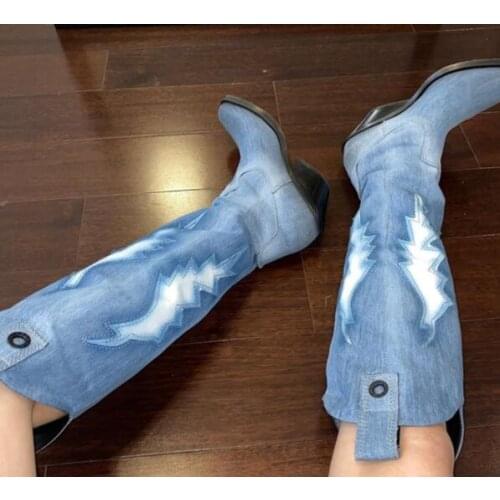 Moraima Snc Denim Blue High Heel Boots Square Toe Riding Boots Thick Heels Women Knee High Boots Fashion Shoes