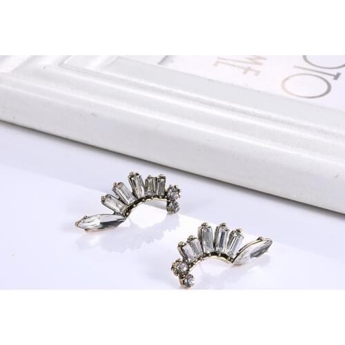 Retro Antiqued Gold Color Clear Rhinestone C-shaped Stud Earrings for Women Girls Fashion Jewelry