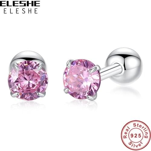 2019 New Pink Crystal Stud Earrings 925 Sterling Silver Forever Round Earrings for Women Girls Fashion Statement Jewelry Gift