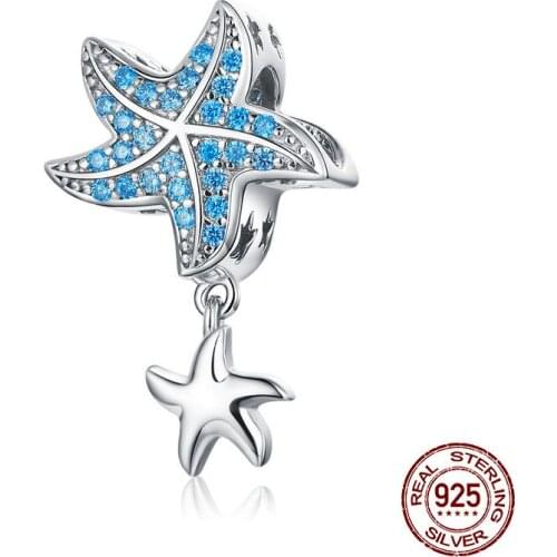 Original 100% 925 sterling silver blue zircon beads starfish charm fit 3MM bracelet & woman necklace pendant jewelry making