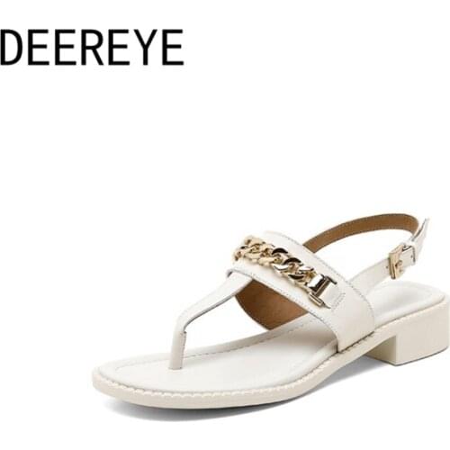 Luxury Brand Womens Retro Casual Genuine Leather Upper Gold Metal Ankle Strap 3CM Roman Sandals Flip Flops Shoe For Ladies