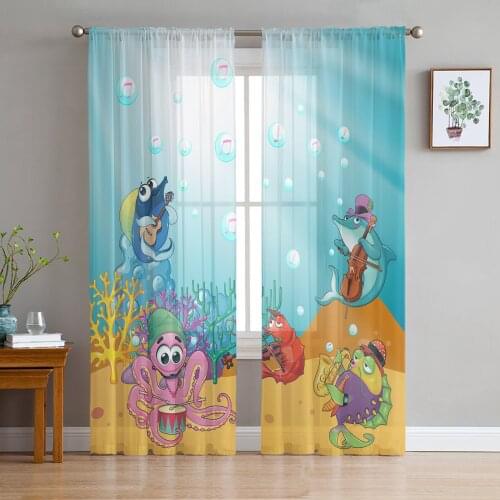 Cartoon Ocean Sea Animals Concert Sheer Curtains for Living Room Bedroom Kitchen Chiffon Tulle Curtains Home Hotel Coffee Decor