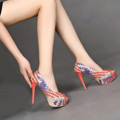 Summer womens single shoes shallow mouth color matching woven leather nightclub high heels waterproof platform fish mouth shoes