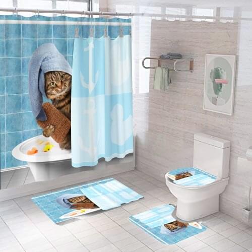 Modern Animal Bathing Cat Print Shower Curtain Blue Bathroom 3D Blackout Shower Curtain Green Tropical Cat Bathroom Curtain