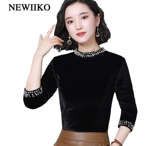 Fashion winter Women elegance turtleneck office lady Tops Long Sleeve Beading Solid Color plus velvet thickening Velour Shirts